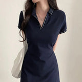 Zingj Chic Summer French Retro POLO Collar Color Trim Waist Show Thin Short Sleeve A-Line Dress Woman-Outfit