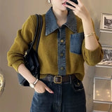 Zingj And Winter Women's Clothes Fake Two POLO Collar Short Jacket Denim Shirt Collar Stitching Knit Cardigan Sweater Coat-Outfit