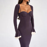 Solid Long Flared Two-piece Crop Sleeve Midi Dress- Outfit