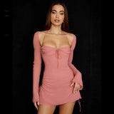 Sexy Bandage Hollow Mesh Mini Dress for Women Night Club Party Bodycon Dress Low Cut Halter Solid Long Sleeve Pink