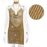 Bling Metal body chain Rhinestone summer dress women Luxury party Glitter Night club Backless diamond Mini dresses