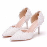 Cm White Lace Wedding Shoes Fine Heel Pointed Sandals Hollow Two-Siped Sandals Large Size
