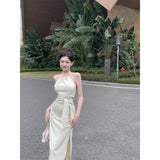 Zingj Drawn Rope Hanging Neck Sweet Sleeveless Bow Top High Waist Slit Skirt