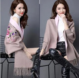 Printed Tassel Knitting Poncho New Fashion Long Batwing Sleeve Swing Sweater Wrap Cardigan Female V