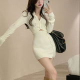 Winter New Nightclub Fashion Sexy Polo-neck Buttons Short Sweater High Waist Bodycon Mini Dress Set Women's Knitting