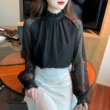 Chiffon Shirt Women's Design Sense Niche Standing Collar Mesh Shirt 2025 Spring And Fall Vintage Hong Style