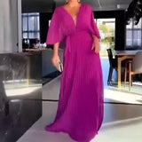 Zingj New Fall 2023 Solid Color V-Neck Bat Sleeve High-Waisted Dress-Outfit