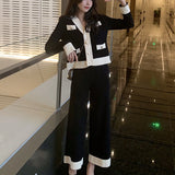 Designer Korean Elegant Knitted 2 Piece Pants Sets Suits Long Sleeve V-neck Tops + Wide Leg Pants Suits 2020 Spring