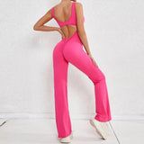 Hollow Backless Scrunch Gym Flare Jumpsuit Sport Casual Women One Piece Outfits Yoga Dance Jump Suit Black Fitness