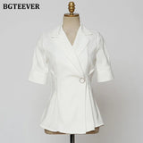 Office Ladies Single Button Blazer Elegant Short Sleeve Slim Waist Female Suit Jacket Summer Casual Women Outwear