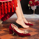 Shoes Bride Shoes Chinese Red Single Shoes Spring And Autumn New Rhinestone Bow A String Of Beads Buckle Thick Heel High-Heeled