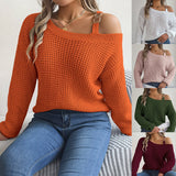 Shooting 2025 Autumn And Winter Casual Metal Buckle Splicing Shoulder Lantern Sleeve Sweater Women's