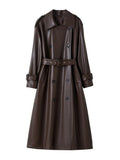 Spring Autumn Long Loose Brown Pu Leather Trench Coat for Women Belt Double Breasted American and European Fashion