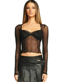 Zingj Women's Spring / Summer 2023 Sexy Mesh Wood Ear Lace Perspective Long Sleeve Top-Outfit