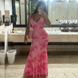 Zingj Women's Summer New Fashion Print Open Back Hanging Neck Strap Slim Fishtail Dress Long Skirt