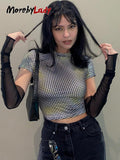 Vintage T Shirt 2022 Summer Women Plaid Crop Tops Short Sleeve Streetwear Tee Tops Korean Style Y2k Punk Tops