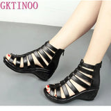 2021 Summer Genuine Leather Gladiator Sandals Women 5.5cm High Heels Classic Black Peep Toe Hollow Ladies Sandals