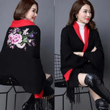 Printed Tassel Knitting Poncho New Fashion Long Batwing Sleeve Swing Sweater Wrap Cardigan Female V