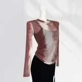 Zingj Waist Pleated Mesh Long Sleeve T Shirt Women's Thin Perspective Dizzy Dye Sunscreen Smock Hot Hot Hot Girl Top
