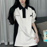 Zingj Short Sleeve T-Shirt Women's Summer Color Splicing Lapel Logo Joker Top Half Sleeve Casual T-Shirt