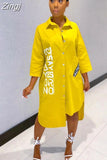 Spring Autumn Fashion Yellow Print A-Line Dress Casual Cute Women Beading Shirt Dresses Long Sleeve Big Size