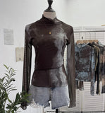 Real Shooting Denim Pattern Dye Printing Retro Babes Thin Mesh T-Shirt High-Necked Long Sleeve Bottom Shirt Top