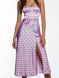 ZA Fashion Women Spring New Silk Satin Texture Print Slip Dress Front Slit Open Back Chic Ladies Midi