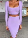 Dress Sets Autumn Winter 2021 Women Sexy Long Sleeve Crop Top And Bodycon Skirt Two Piece Set Lilac Club Party