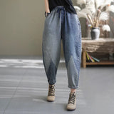 Spring New Arts Style Women Elastic Waist Patchwork Stripe Cotton Denim Harem Pants All-matched Casual Loose Jeans