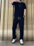 Casual Two Piece Sets Men Fashion O Neck Short Sleeve Tee + Drawstring Design Long Pants Outfits For Mens New