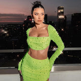 Pearl Sexy Dress Sets Women Square Collar Full Sleeve And Split Skirt Matching Sets Female Club Party Two Piece