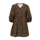 Zingj Women's New Doll Collar Leopard Print Fashion Temperament Spring Dress Five-Minute Sleeve A-Line Skirt-Outfit