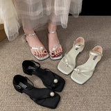 Head Pearl With Thick Heel Sandals Woman 2025 Summer Fairy Wind Clip Roman