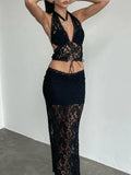 Plunge Neck Halter Low Waist Lace Two Piece-Outfit
