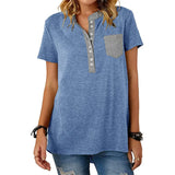Summer V-Neck Stitching Pullover Tops Casual Short Sleeve Button T-Shirt Female Loose Pocket Comfortable Streetwear