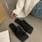 Zingj Version Of Fine Belt Combination One Word Soft Leather Square Head Slippers Female Open Toe Flat Bottom Beach
