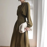 Long Sleeve Elegant Autumn Bodycon Dress Women Women's Spring Slimming Pleated Stand Collar Midi Dress Dresses