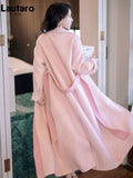 Autumn Winter Long Loose Casual Patchwork Woolen Coat Women Sashes Stylish Chic Elegant Luxury Designer Clothes