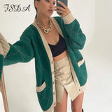 2021 Autumn Winter Green Cardigan Oversized Women Long Sleeve Button Casual Loose Knitted Sweater