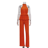 Zingj Hanging Neck Sexy Hot Girl Sleeveless Vest White Pleated High Waist Wide Leg Pants Suit Woman-Outfit