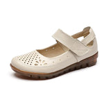 Genuine Leather Ladies Flat Summer Shoes Woman Slip On Casual Loafers Hollow Out Round Toe Soft Comfort Sandals