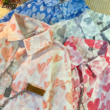 Women Colorful Sweet Heart-print Short Sleeve Chain Stylish Summer Turn-down Collar Candy Color Holiday Leisure Baggy