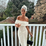 Knit Off-Shoulder Pleated Wrap Maxi Dress- Outfit