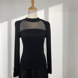 Zingj Show Thin Temperament Mesh Hollow Out Black Bottom Shirt Women's New Slim Half High Collar With Long-Sleeved