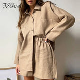 2021 Summer Casual Women Long Sleeve Top Shirts And Shorts Set Mini Loose Two Piece Sets Khaki Loung Wear
