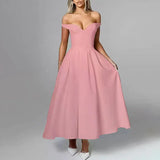Temperament Famous Wind Dress Woman 2025 Summer New Fashion Elegant Style Solid Color Shoulder Dress