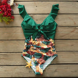 Sexy One Piece Swimsuit Female Swimwear Women Print Floral Bandage Shoulder Ruffle Brazilian Backless
