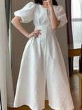 Summer Elegant Casual Midi White Dress Puff Sleeve Zipper Slim Party Vestidos Female Fashion Vintage Clothes