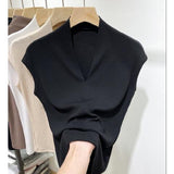 Zingj Temperament Goddess 2024 Autumn New Good Version V Collar Short Sleeve Female Slim Slim Elastic Cotton Black