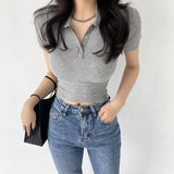 Polo Shirt Women Short Sleeve Cotton Sexy T-Shirt Polo Neck Fashion Slim Solid Tee Female 2022 New Bottoming White